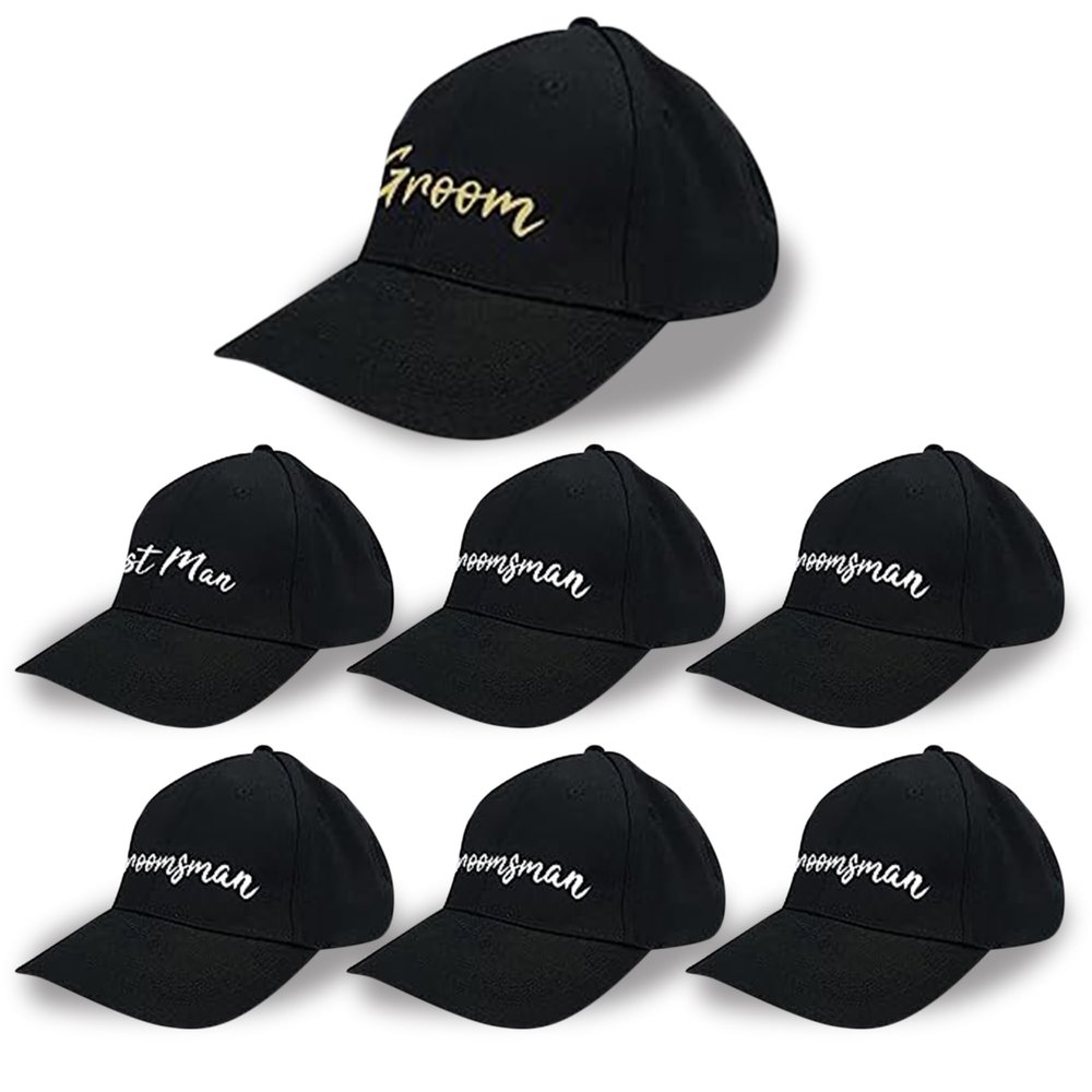 LotsBuyLots Bachelor Party Hats,Set of 7 Adjustable Embroidered Cotton Trucker Hats,Perfect Bachelor Party Favors,Gifts (Black-Squiggle)