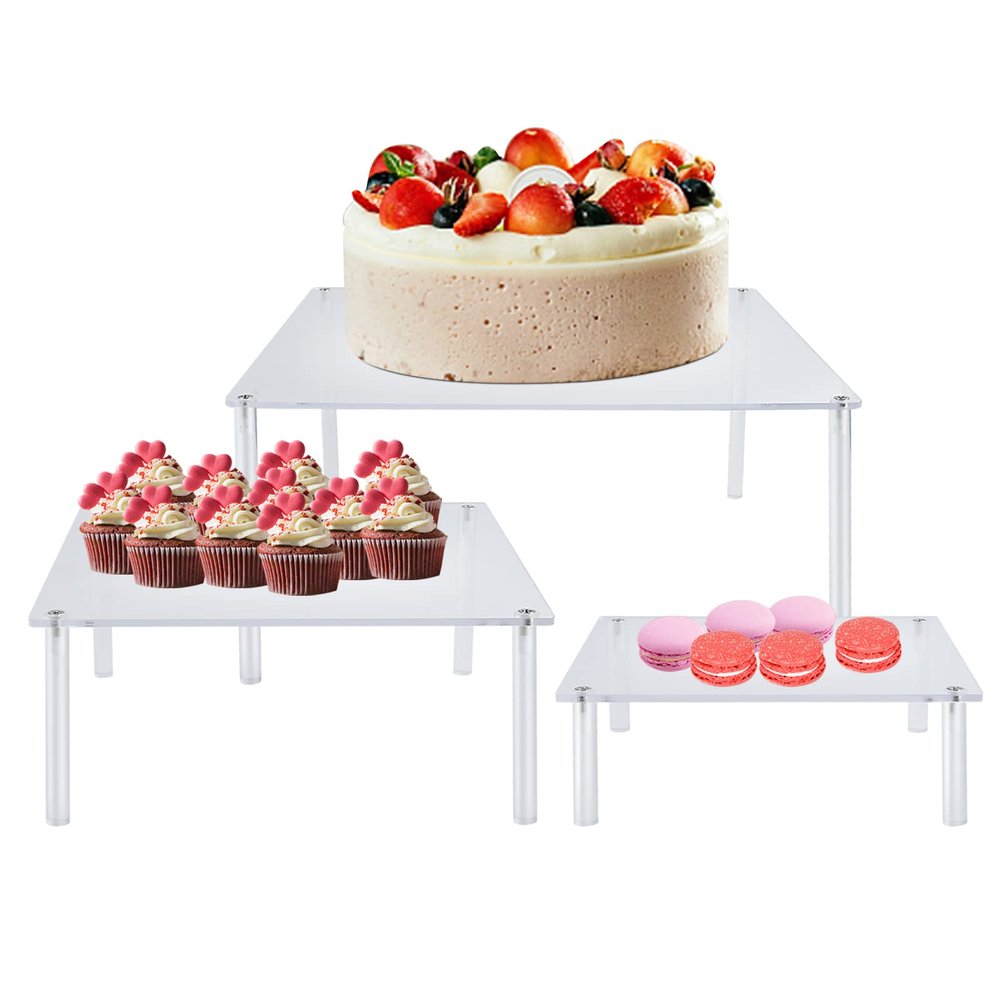 3 Pcs Square Acrylic Cake Stands, Akamino Reusable Round Cupcake Holder for Dessert Cake Pizza, Display Stand Party Serving Platter for Christmas Wedding Birthday Baby Shower Tea Party