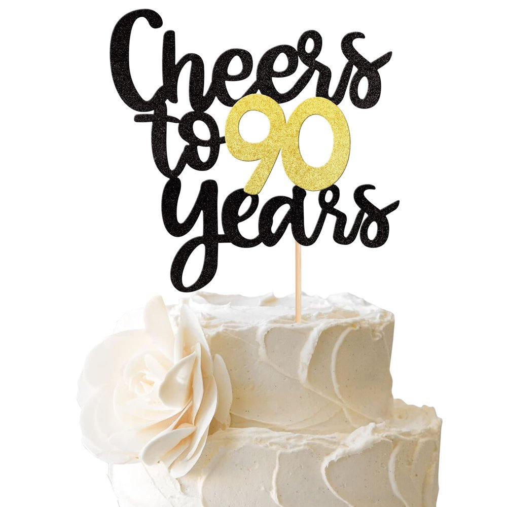 1 Pack Cheers to 90 Years Cake Topper Black and Gold Glitter Assembled Birthday Cake Pick Happy 90th Cake Decoration for Anniversary Ninty Birthday Party Decorations Supplies