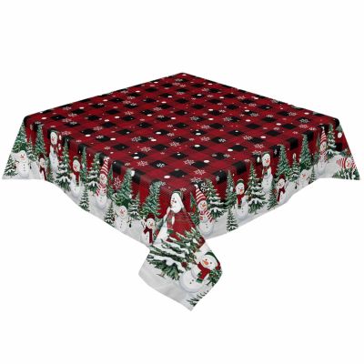 54x54 Inch Rectangle Tablecloth Christmas Tree and Snowman Winter Snowflakes Red Black Plaid Waterproof Table Cloth Spill Proof Washable Table Cloths for Parties Wedding Dining Room