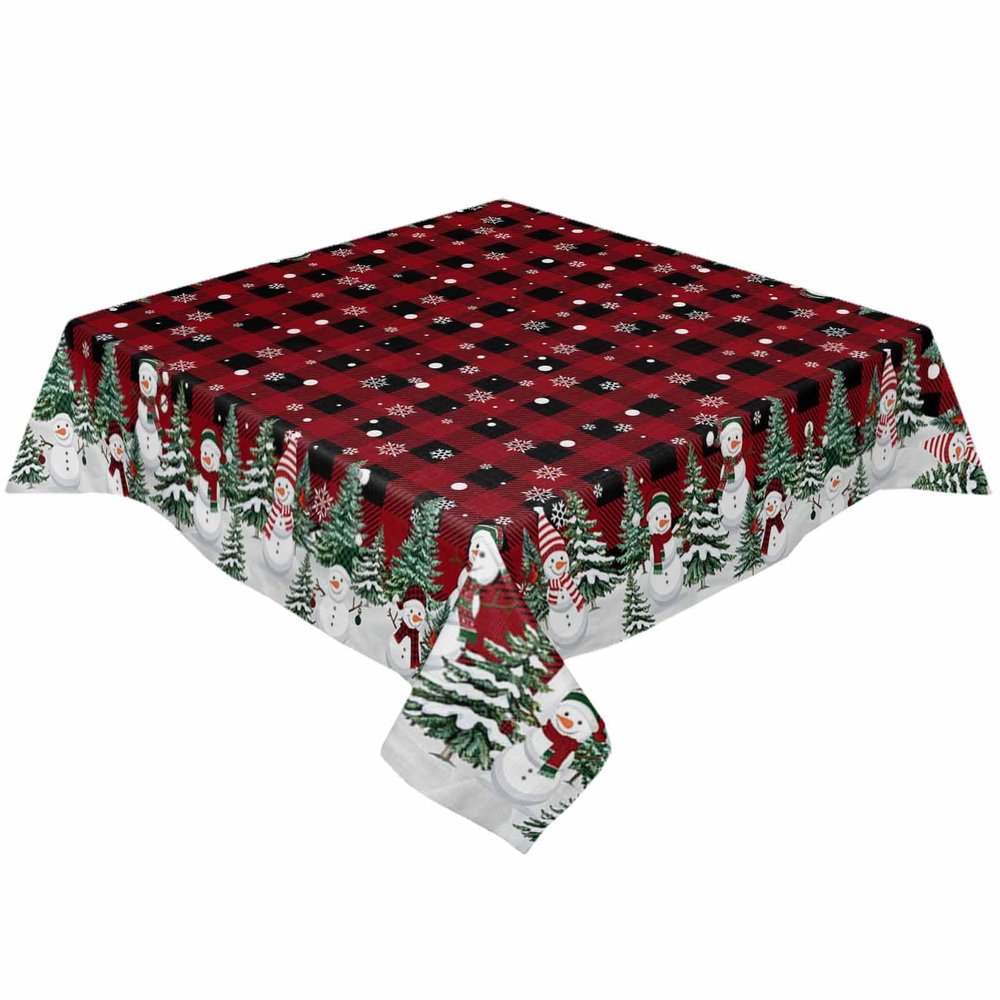 54x54 Inch Rectangle Tablecloth Christmas Tree and Snowman Winter Snowflakes Red Black Plaid Waterproof Table Cloth Spill Proof Washable Table Cloths for Parties Wedding Dining Room