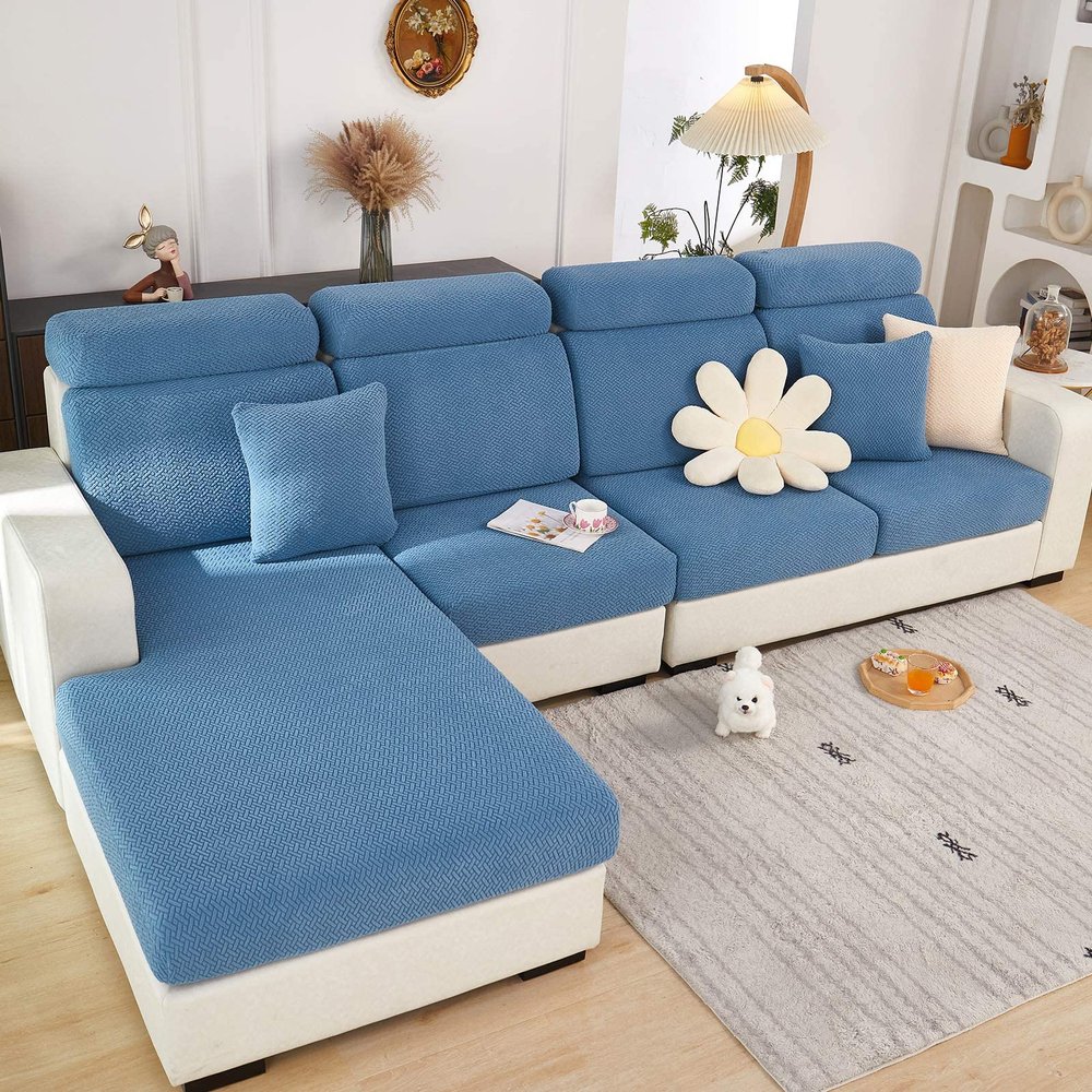 ShowyLive 2025 New Wear-Resistant Universal Sofa Cover, Stretch Couch Cushion Slipcovers Replacement, Anti-Slip L Shape Sofa Covers, Chaise Lounge Sofa Slipcover (Weave Blue,Large Single Seat Cover)