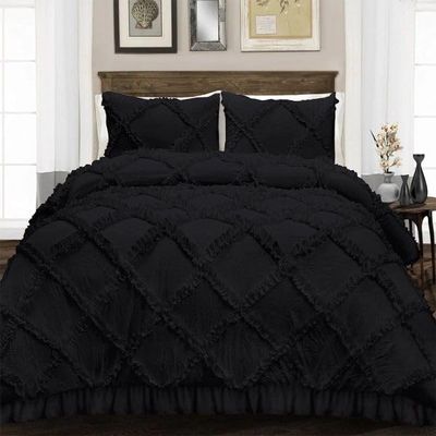 400 Thread Count, 3 PCS Diamond Ruffle Duvet/Quilt Cover Set with Zipper Closure (1 Diamond Duvet Cover and 2 Pillow Cover) 100% Egyptian Cotton, Comfy and Soft- Cal-King Size Black Solid