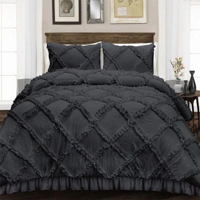 400 Thread Count, 3 PCS Diamond Ruffle Duvet/Quilt Cover Set with Zipper Closure (1 Diamond Duvet Cover and 2 Pillow Cover) 100% Egyptian Cotton, Comfy and Soft- Cal-King Size Dark Grey Solid