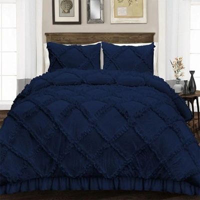 400 Thread Count, 3 PCS Diamond Ruffle Duvet/Quilt Cover Set with Zipper Closure (1 Diamond Duvet Cover and 2 Pillow Cover) 100% Egyptian Cotton, Comfy and Soft- Cal-King Size Navy Blue Solid