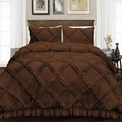 400 Thread Count, 3 PCS Diamond Ruffle Duvet/Quilt Cover Set with Zipper Closure (1 Diamond Duvet Cover and 2 Pillow Cover) 100% Egyptian Cotton, Comfy and Soft- Cal-King Size Chocolate Solid