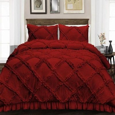 400 Thread Count, 3 PCS Diamond Ruffle Duvet/Quilt Cover Set with Zipper Closure (1 Diamond Duvet Cover and 2 Pillow Cover) 100% Egyptian Cotton, Comfy and Soft- Cal-King Size Burgandy Solid
