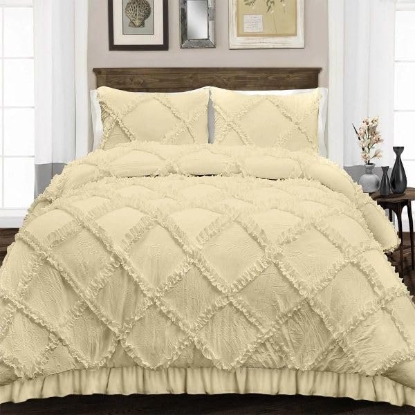 400 Thread Count, 3 PCS Diamond Ruffle Duvet/Quilt Cover Set with Zipper Closure (1 Diamond Duvet Cover and 2 Pillow Cover) 100% Egyptian Cotton, Comfy and Soft- Super King Size Ivory Solid