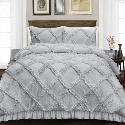 400 Thread Count, 3 PCS Diamond Ruffle Duvet/Quilt Cover Set with Zipper Closure (1 Diamond Duvet Cover and 2 Pillow Cover) 100% Egyptian Cotton, Comfy and Soft- Cal-King Size Light Grey Solid