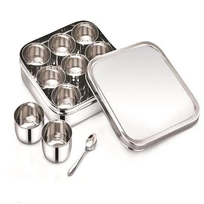 Anjali Enterprises Stainless Steel Square Classic Spice Box Masala Dabba with Nine Inner Cups and Spoon Food9 Partition 21 X 5 cm Small Red