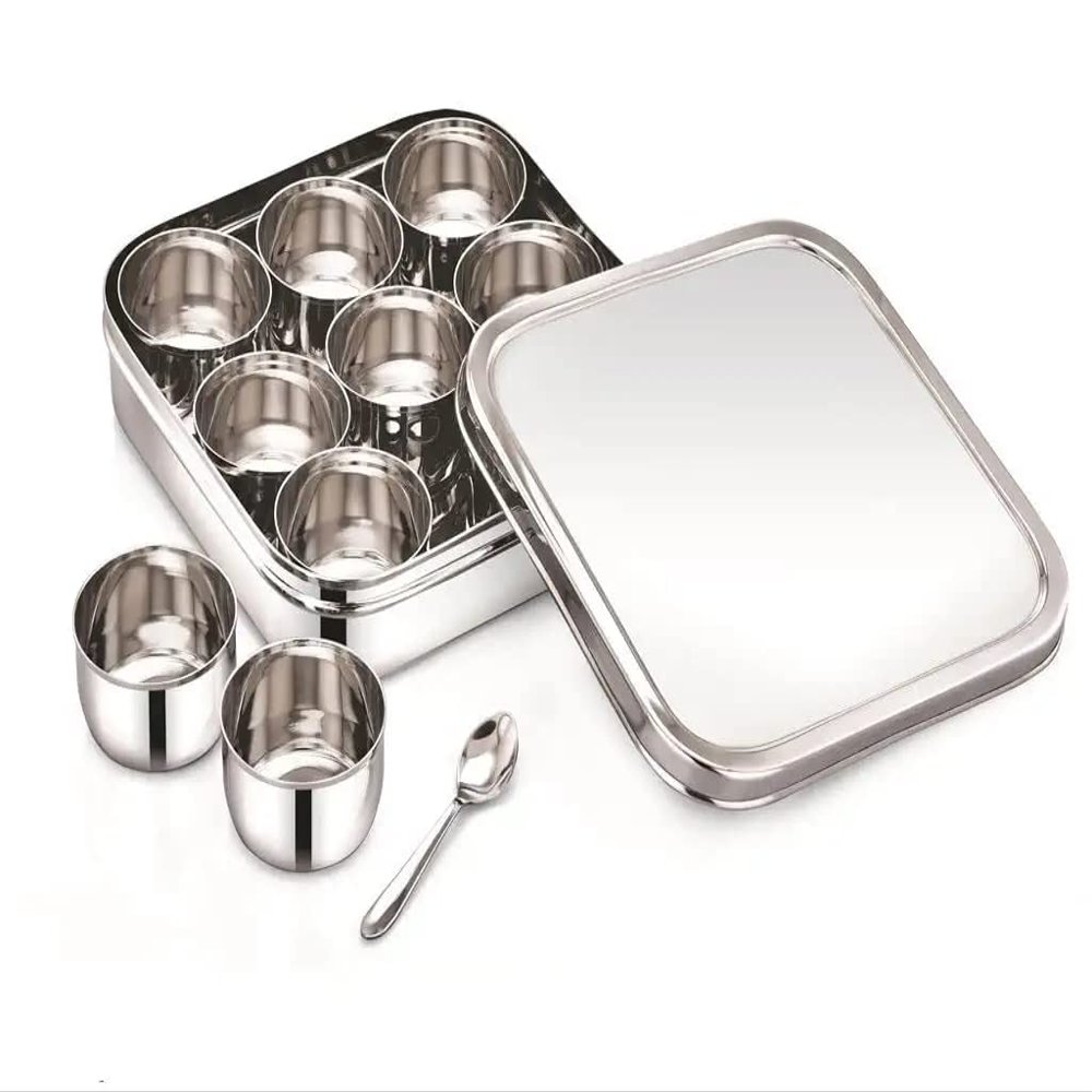 Anjali Enterprises Stainless Steel Square Classic Spice Box Masala Dabba with Nine Inner Cups and Spoon Food9 Partition 21 X 5 cm Small Red