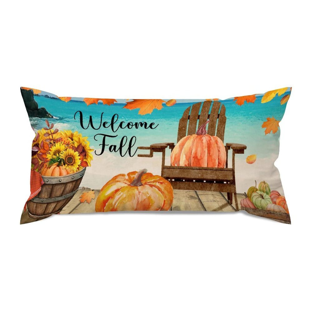 Beach House Decor Lumbar Throw Pillow Covers 12x24 Farmhouse Rectangle Welcome Fall Beach Theme Autumn Harvest Pumpkin Sunflower Cushion Covers Canvas Pillow Case Fall Decor for Couch Sofa