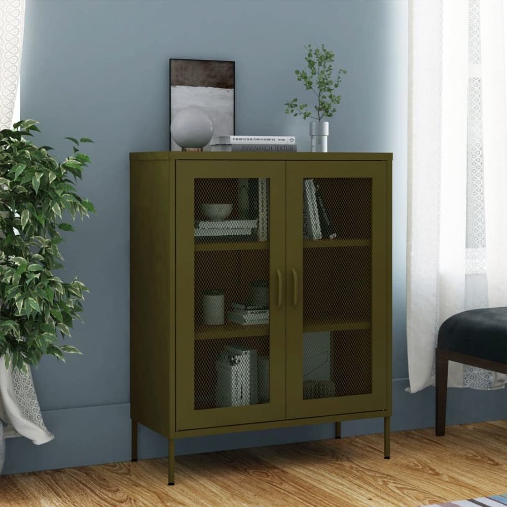 GOLINPEILO Metal Storage Cabinet Steel Storage Cabinets with 2 mesh Doors and 2 Adjustable Shelves, Steel Sideboard Cabinet Storage for Home Storage, Office, Living Room 31.5"x13.8"x40" Olive Green