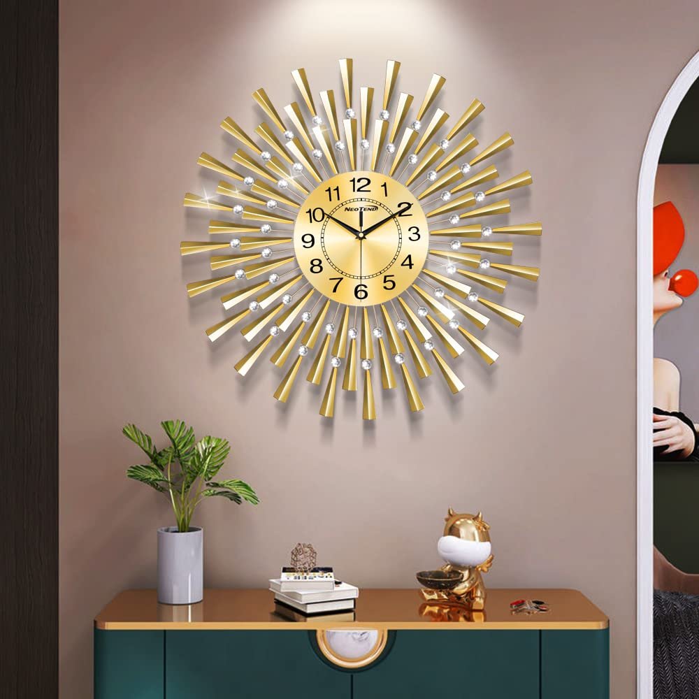 NEOTEND Large Wall Clock for Living Room Decor Gold Modern Silent Kitchen Big Wall Watch Clock for Bedroom Decorative Office Non Ticking Wall Decor 24 Inch