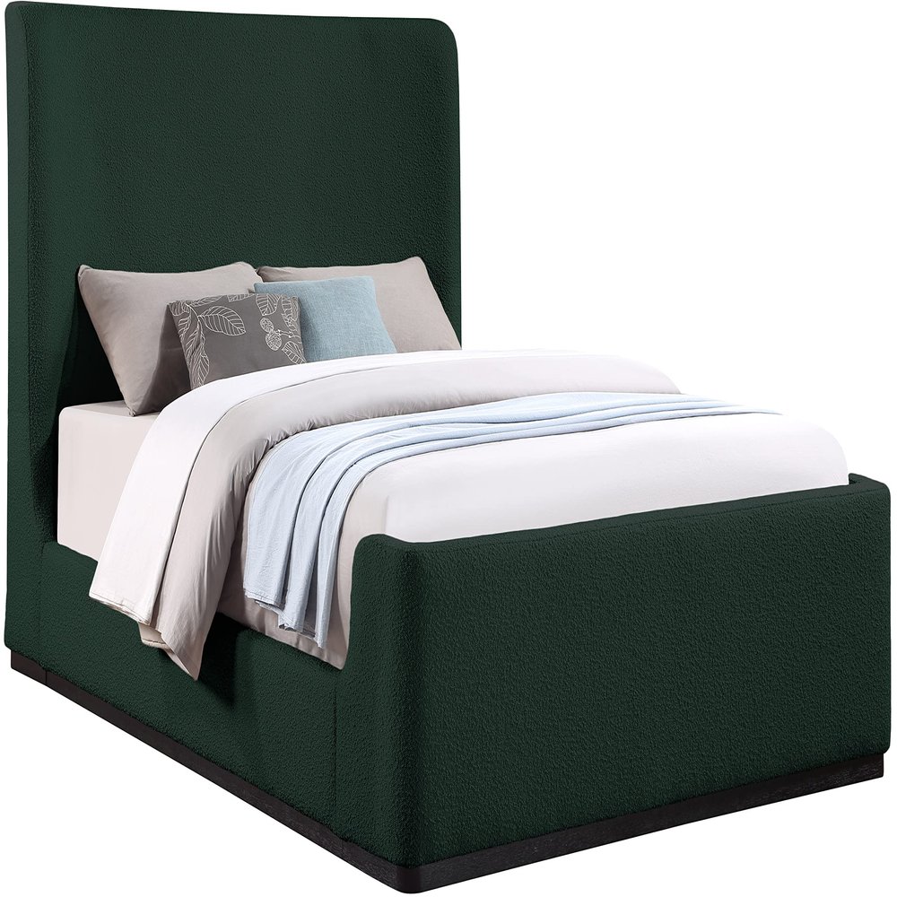 Meridian Furniture OliverGreen-F Oliver Collection Modern | Contemporary Boucle Fabric Upholstered Full Bed with Solid Wood Black Wire Brush Finish, 58.5" W x 82.5" D x 56.5" H, Green, Full