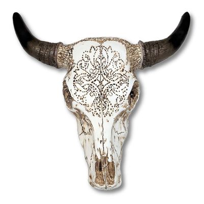 AMAJY Rustic Tribal Design Carved Western Style Tooled White Bull Head Skull Wall Art Hanging Sculptures Hunting Decoration
