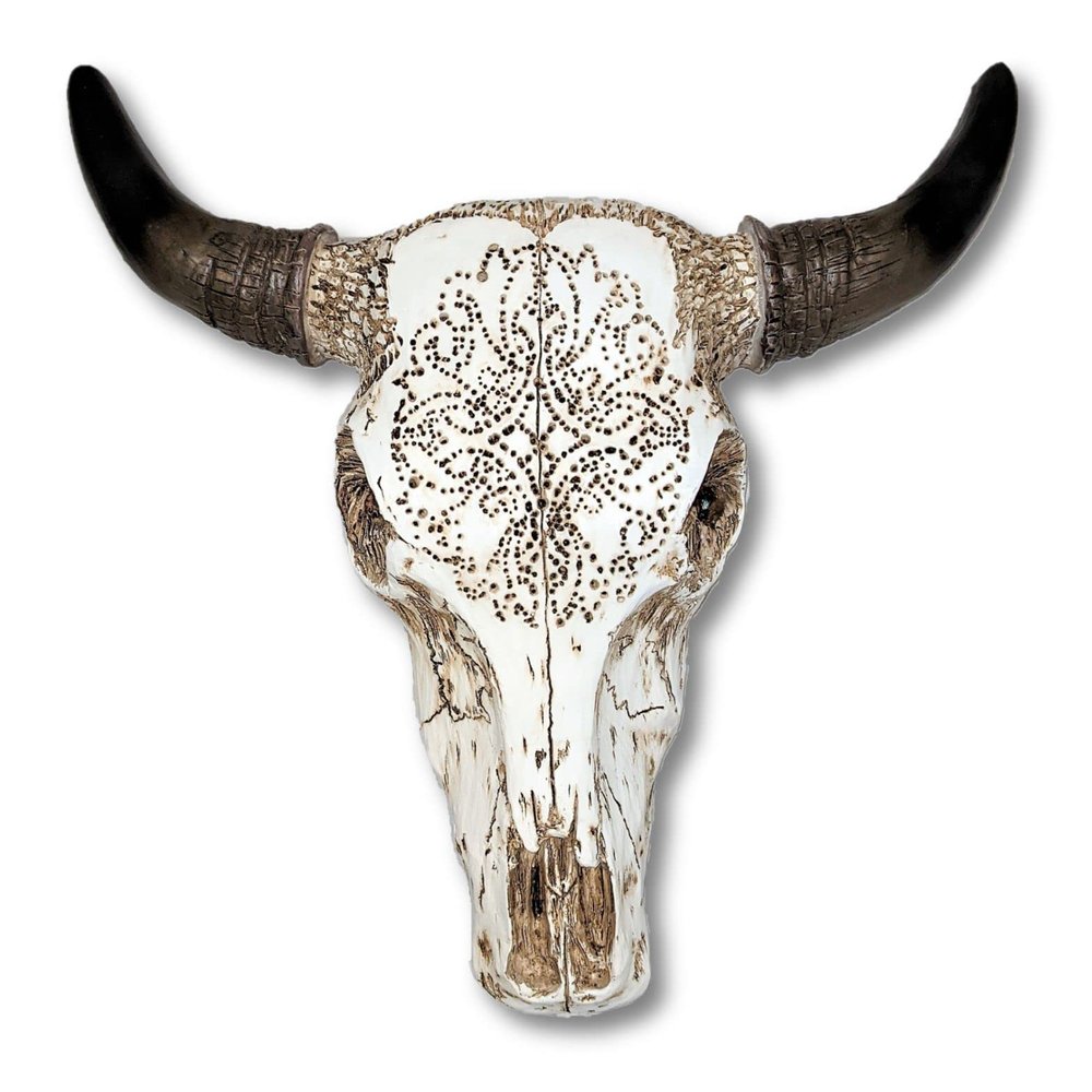 AMAJY Rustic Tribal Design Carved Western Style Tooled White Bull Head Skull Wall Art Hanging Sculptures Hunting Decoration