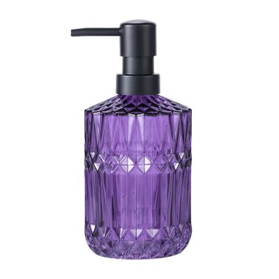 TISUZXCV Diamond Design 12 Oz Purple Glass Soap Dispenser,Refillable Lotion Soap Dispenser for Bathroom, Kitchen, Hand Soap, Dish Soap,Shampoo, Ideal for Bathroom Countertop. (Purple)