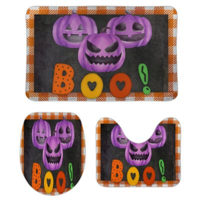 3 Pieces Halloween Fall Plaid Pattern Pumpkin Boo Black Background Bathroom Rug Set Soft Foam Non Slip Bath Mats Sets Toilet Contour Mat Lid Cover for Bathtub Shower and Bathroom Decor 18"x30"