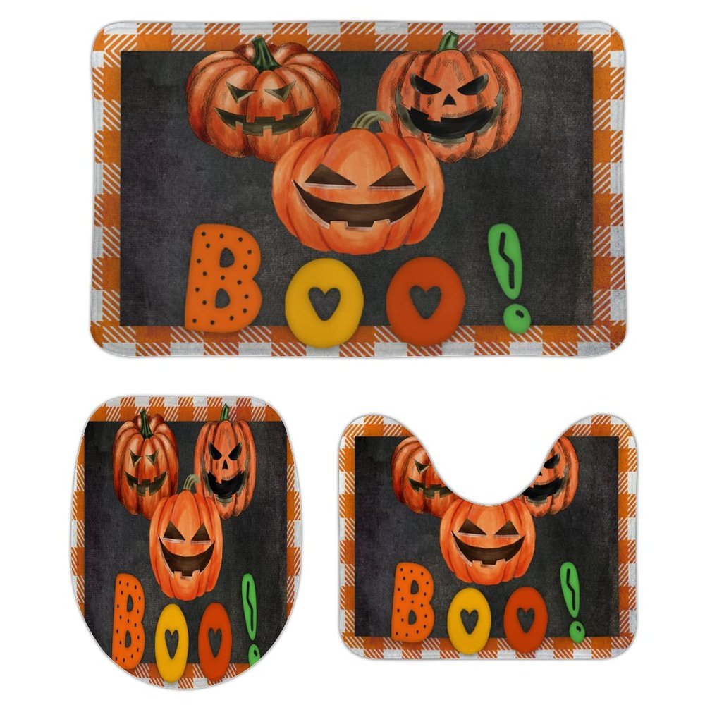 3 Pieces Halloween Fall Plaid Pattern Pumpkin Boo Black Background Bathroom Rug Set Soft Foam Non Slip Bath Mats Sets Toilet Contour Mat Lid Cover for Bathtub Shower and Bathroom Decor 18"x30"