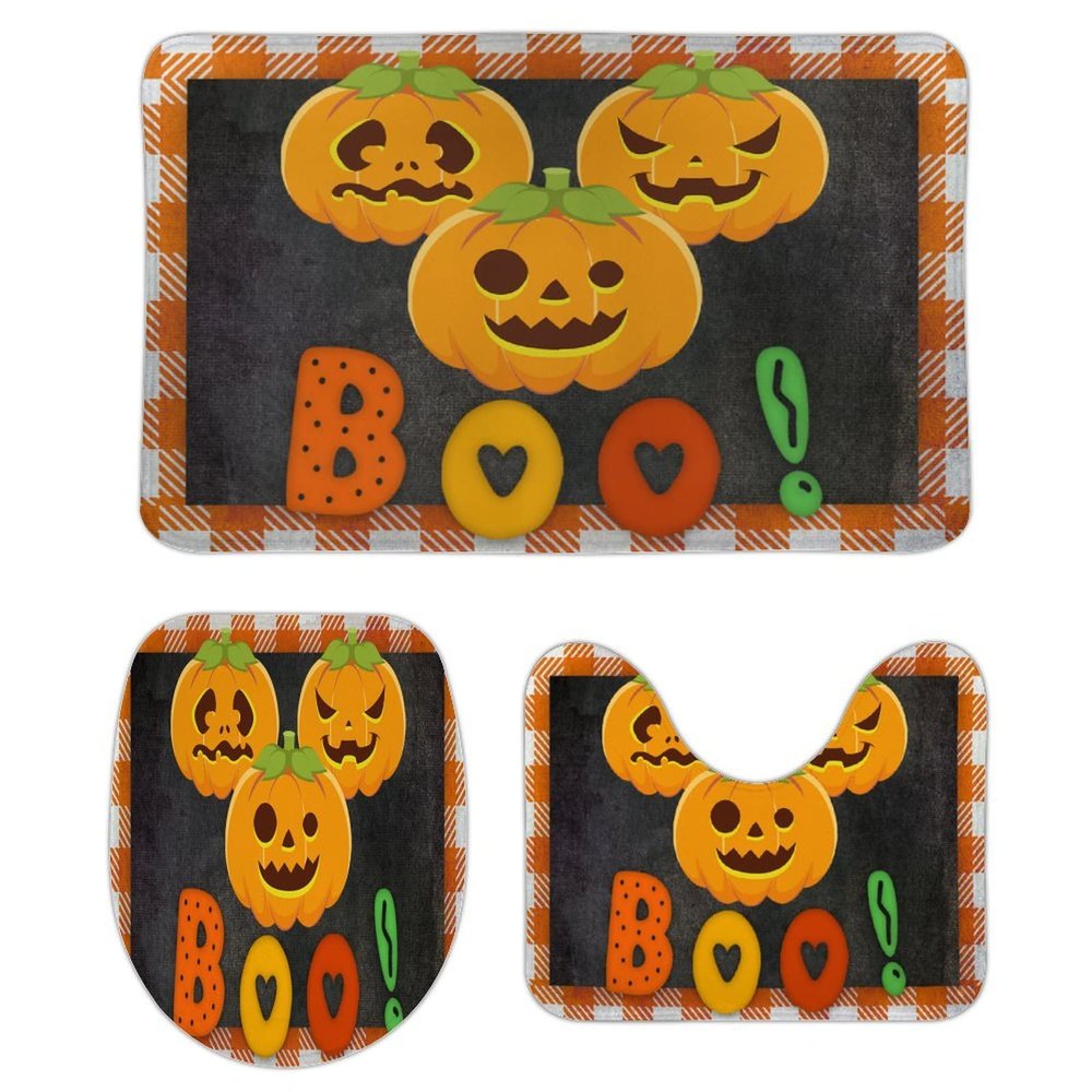 3 Pieces Halloween Fall Plaid Pattern Pumpkin Boo Black Background Bathroom Rug Set Soft Foam Non Slip Bath Mats Sets Toilet Contour Mat Lid Cover for Bathtub Shower and Bathroom Decor 20"x32"