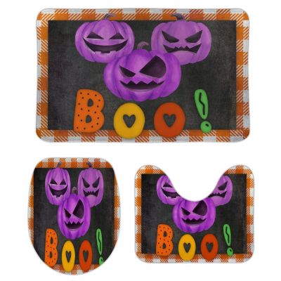 3 Pieces Halloween Fall Plaid Pattern Pumpkin Boo Black Background Bathroom Rug Set Soft Foam Non Slip Bath Mats Sets Toilet Contour Mat Lid Cover for Bathtub Shower and Bathroom Decor 18"x30"