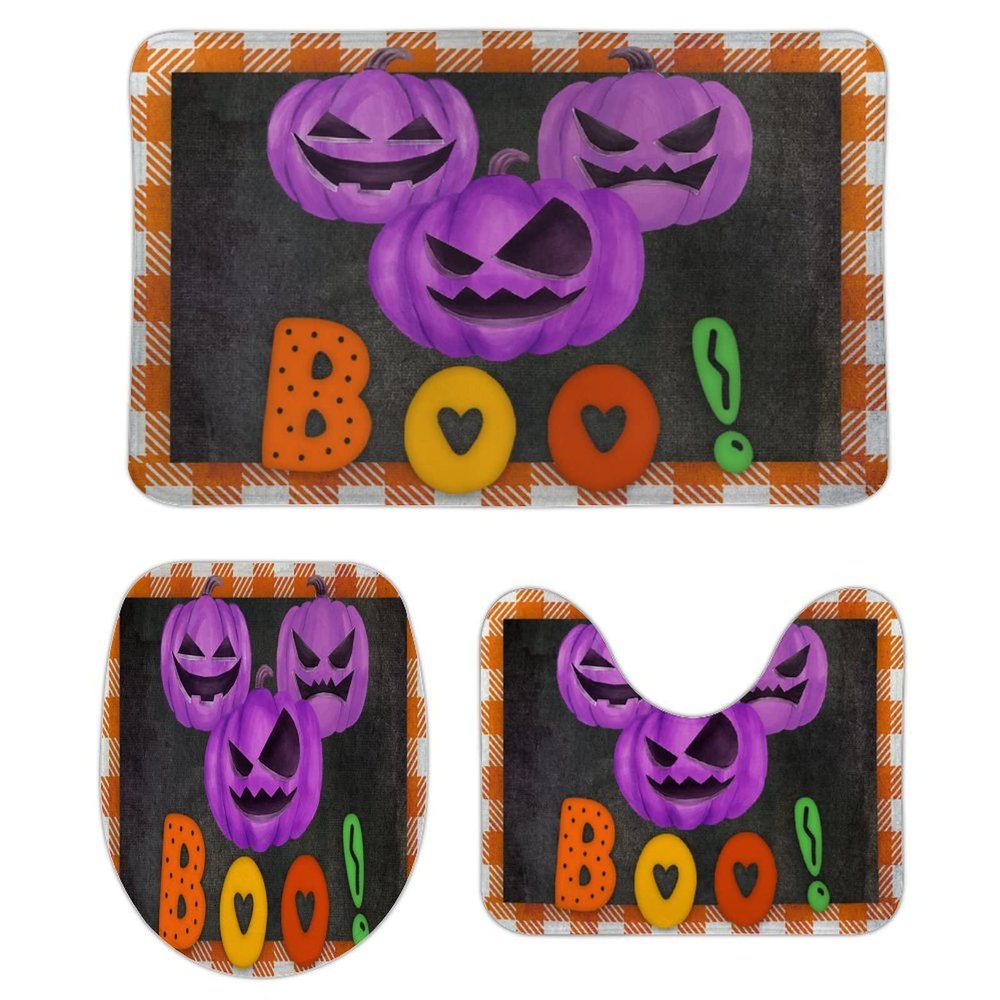 3 Pieces Halloween Fall Plaid Pattern Pumpkin Boo Black Background Bathroom Rug Set Soft Foam Non Slip Bath Mats Sets Toilet Contour Mat Lid Cover for Bathtub Shower and Bathroom Decor 18"x30"