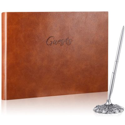 Geyee Leather Guest Book and Pen Stand Set, 10.5" x 8" Embossed Guests Sign in Book Registry Book for Funeral, Wedding Reception, Vacation Homes and Events, 80 Sheets (Brown)