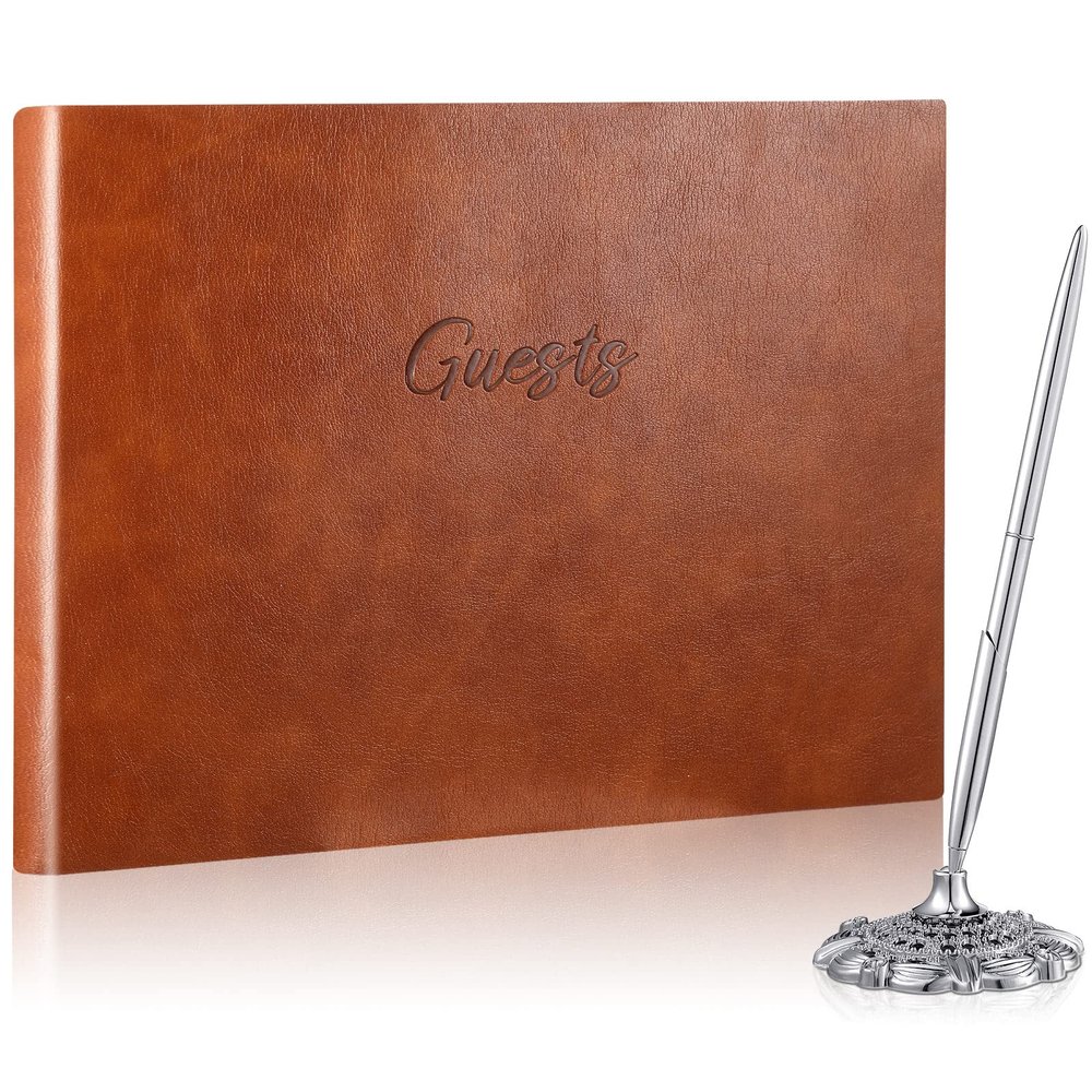 Geyee Leather Guest Book and Pen Stand Set, 10.5" x 8" Embossed Guests Sign in Book Registry Book for Funeral, Wedding Reception, Vacation Homes and Events, 80 Sheets (Brown)