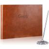 Geyee Leather Guest Book and Pen Stand Set, 10.5" x 8" Embossed Guests Sign in Book Registry Book for Funeral, Wedding Reception, Vacation Homes and Events, 80 Sheets (Brown) view 1