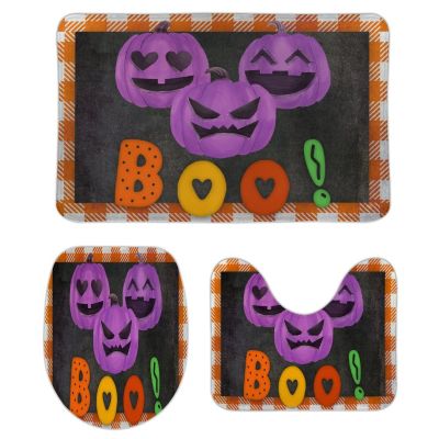 3 Pieces Halloween Fall Plaid Pattern Pumpkin Boo Black Background Bathroom Rug Set Soft Foam Non Slip Bath Mats Sets Toilet Contour Mat Lid Cover for Bathtub Shower and Bathroom Decor 18"x30"