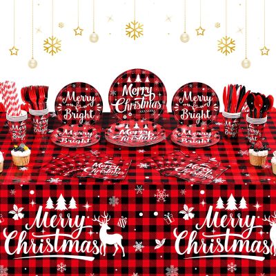 194 Pcs Christmas Buffalo Plaid Party Supplies Red Black Buffalo Plaid Plates Set Christmas Disposable Tableware and Tablecloth Party Set for Xmas Holiday Party Home Dinner Supply, Serves 24
