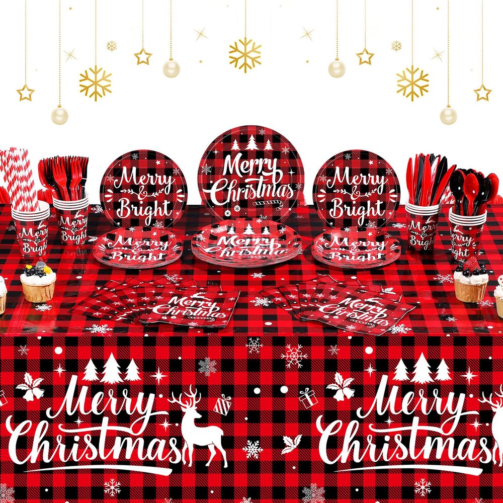 194 Pcs Christmas Buffalo Plaid Party Supplies Red Black Buffalo Plaid Plates Set Christmas Disposable Tableware and Tablecloth Party Set for Xmas Holiday Party Home Dinner Supply, Serves 24