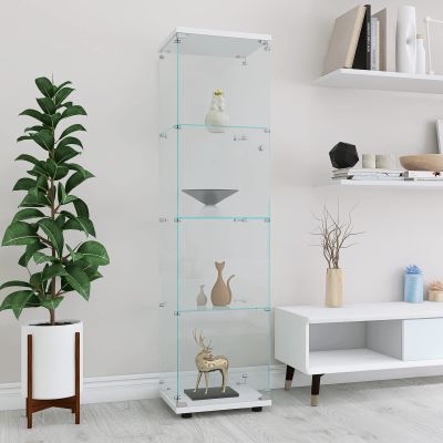 Yoluckea 4 Shelves Glass Display Cabinet with Door,Floor Standing Clear Glass Curio Cabinet Collection Display Case for Living Room Bedroom 64.56x16.73x 14.37 White(Upgrade Assembly)