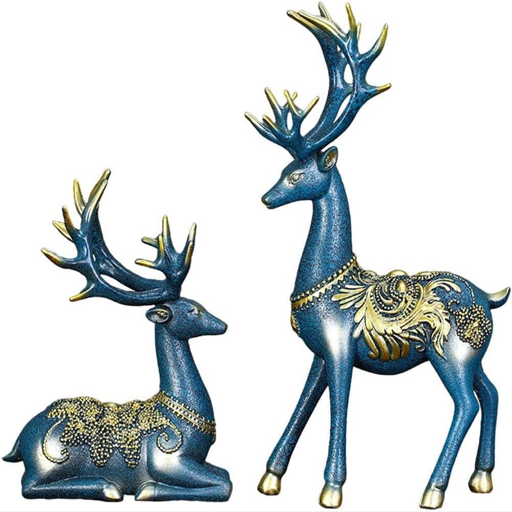 2pcs Couple Reindeer Figurines Resin Reindeer Sculpture Animal Ornament Deer Figurine for Christmas Table Living Room Decorations - Blue