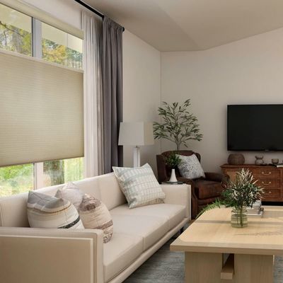 MOOD Top Down Bottom Up Cellular Shades | Cordless, Light Filtering, Insulation, Acoustic Comfort | Honeycomb Blinds for Windows | Antique Linen | 46" Width x 84" Height