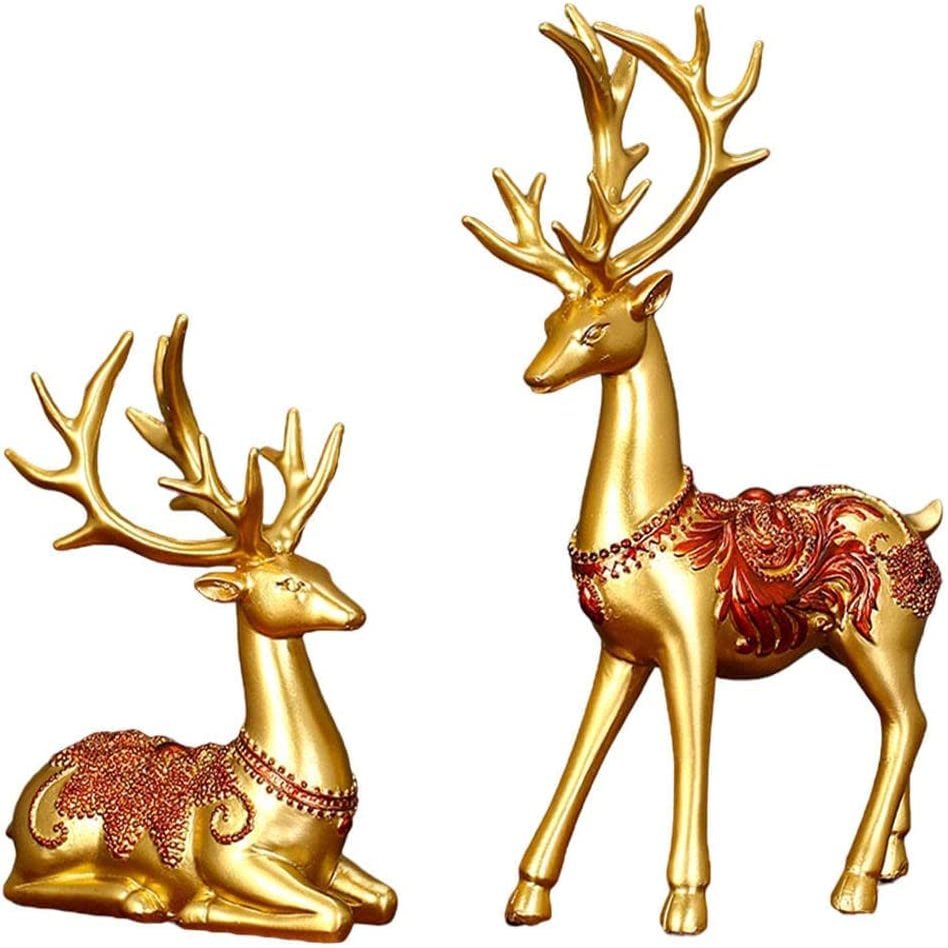 2pcs Couple Reindeer Figurines Resin Reindeer Sculpture Animal Ornament Deer Figurine for Christmas Table Living Room Decorations - Golden