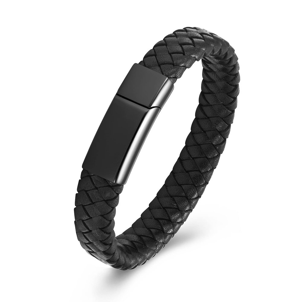 Black Volcanic Rope Cremation Bracelet With Stainless Steel Heart Urn Ashes Jewelry Adjustable Expandable Urn Bracelet (Black-24cm)