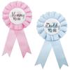 2 Pieces Daddy and Mommy To Be Tinplate Badge Pin, Celebration Gender Reveal Party Favor New Dad Mom Gifts Rosette Buttons with Ribbon Baby Shower Decorations (Pink + Blue) view 1
