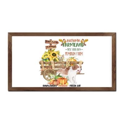 Autumn Farmland Fall Dog Pumpkin Sunflowers Farm Fresh Air Friends Pick Your Own Framed Wood Sign Plaque 30cmx55cm, Wooden Wall Table Wall Sign with Inspirational Quotes for Home Decor, Vintage Wall A