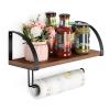 BTY Paper Towel Holder Wall Mount Farmhouse Wood Paper Towel Holder with Shelf Hanging Paper Towel Roll Rack Under Cabinet Spice Rack for Kitchen Bathroom Organizer Rustic Brown view 1