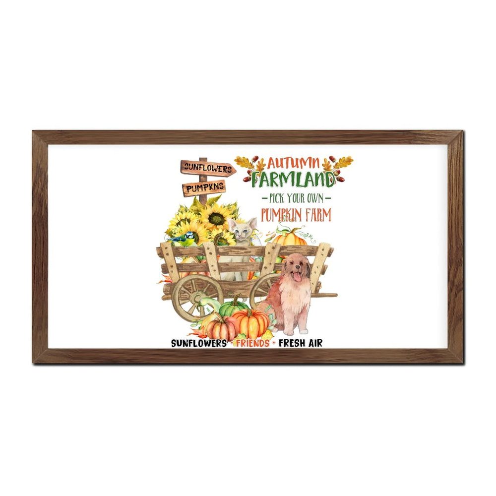 Autumn Farmland Pick Your Own Pumkin Farm Sunflowers Sign, Rustic Wood Framed Wall Hanging Signs Farmhouse Decor, Inspiring Framed Wood Plaque Sign with Quote Wall Art for Kitchen Home Living Room Bed