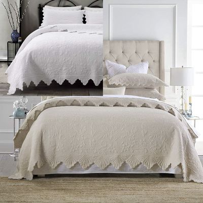 Brandream 6PC White Beige Quilt Set King Size Cotton Luxury Farmhouse Scalloped Bedding Queen Size Quilted Coverlet Shams Se