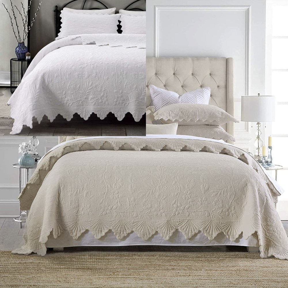 Brandream 6PC White Beige Quilt Set King Size Cotton Luxury Farmhouse Scalloped Bedding Queen Size Quilted Coverlet Shams Se