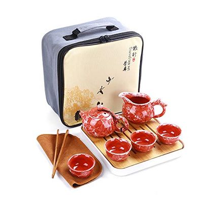 Chinese Kongfu Tea Set, Portable Porcelain Travel Tea Set with Bamboo Tray and Travel Bag, Tea Set for Office Home Outdoor Travel (Red, Style A)