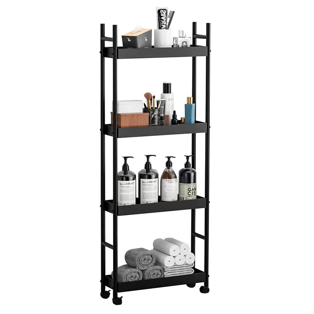 ERRULAN Kitchen Racks and Shelves for Storage, 4 Tier Slim Rolling Storage Cart with Wheel, Heavy-Duty Metal Narrow Shelf Tower, Black
