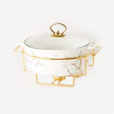 XQKXHZ 2 Quart Round Chafing Dish Buffet Set, Ceramic Marble Finish Chafer with Glass Lid, Chafer and Buffet Warmer Set for Buffet Weddings Parties Banquets Christmas Halloween,White,B