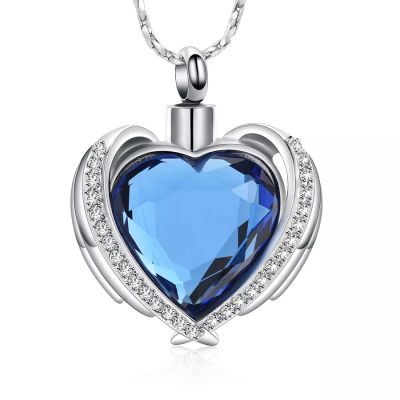 SHEIL Always in My Mind Angel Wing Hug Crystal Heart Shape Necklace Cremation Pendant Memorial Ash Holder Urn Funeral Keepsake Jewelry,3