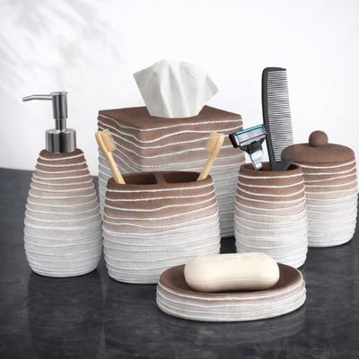 Decozen Bathroom Accessories Set 6Pcs Soap Dispenser, Toothbrush Holder, Tumbler, Soap Dish & Cotton Swab Jar Modern Bathroom Decor, Bath Set for Christmas Decor, Antonetta