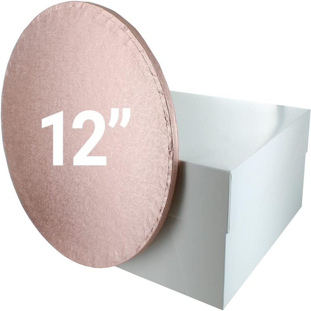 Culpitt 12" Rose Gold Cake Board & White Cake Box Combo, Round Drum With Matching Box, 0.5'' (13mm) Thick, Square Transport, 12 Inch, Single Pack
